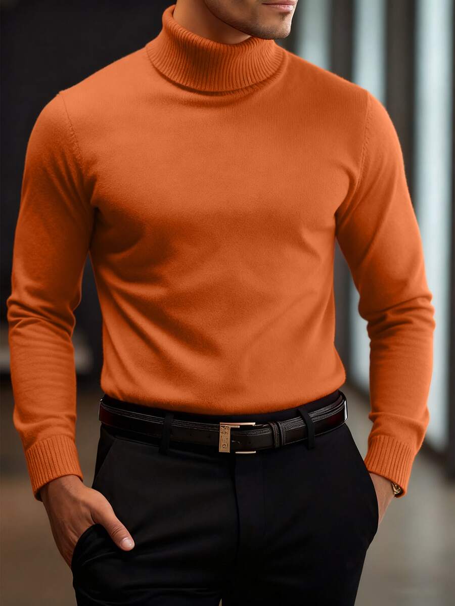 Men's Solid Color Casual Turtleneck Sweater, Autumn/Winter, Long Sleeve Top - Orange - View 1