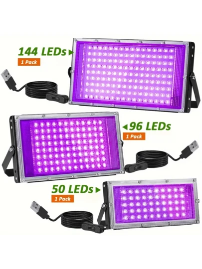 1个50/96/144颗LED紫色灯 - 带USB插头，角度可调至120°，适用于派对、舞台照明、万圣节、人体彩绘、荧光海报、霓虹灯、夜光霓虹灯等。