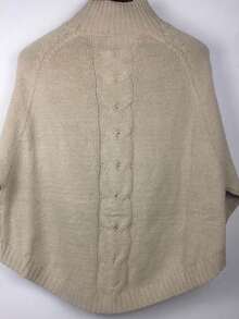 Suéter de cuello alto simulado con cable, suéter de manga murciélago vintage con dobladillo curvado, ropa de mujer