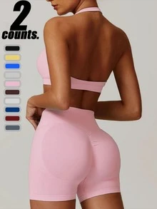 High-Elastic Seamless Women's Sports Yoga Set, Fitness Wear, High-Waisted Tight Shorts And Tank Top, Suitable For Summer Running And Fitness Training. - 粉色 - 查看 7