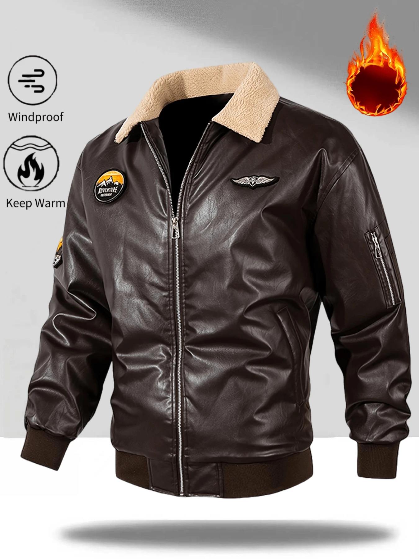 Men's Outdoor Solid Color PU Leather Jacket, Fleece-Lined Motorcycle Jacket, Suitable For Everyday Outdoor Activities. - màu nâu - Xem 1