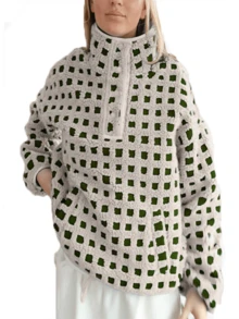 Women's Autumn And Winter High-Neck Button-Checked Pullover Knitted Top - Khaki - View 5