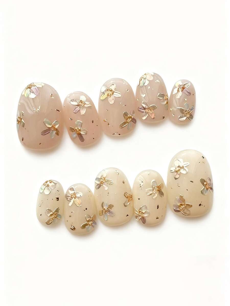 10pcs Pure Handmade Press On Nails Mid-Length Oval Nail Apricot Nails With Golden Paint-Style Flowers Pain Gentle Cute Fancy Stroble Flash Temperament For Women And Gril,Spring Summer Fall Winter,Holiday And Dailys Life Use