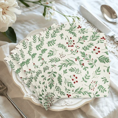 20张6.5英寸花卉图案纸巾，节日派对餐巾，适合圣诞节、新年派对