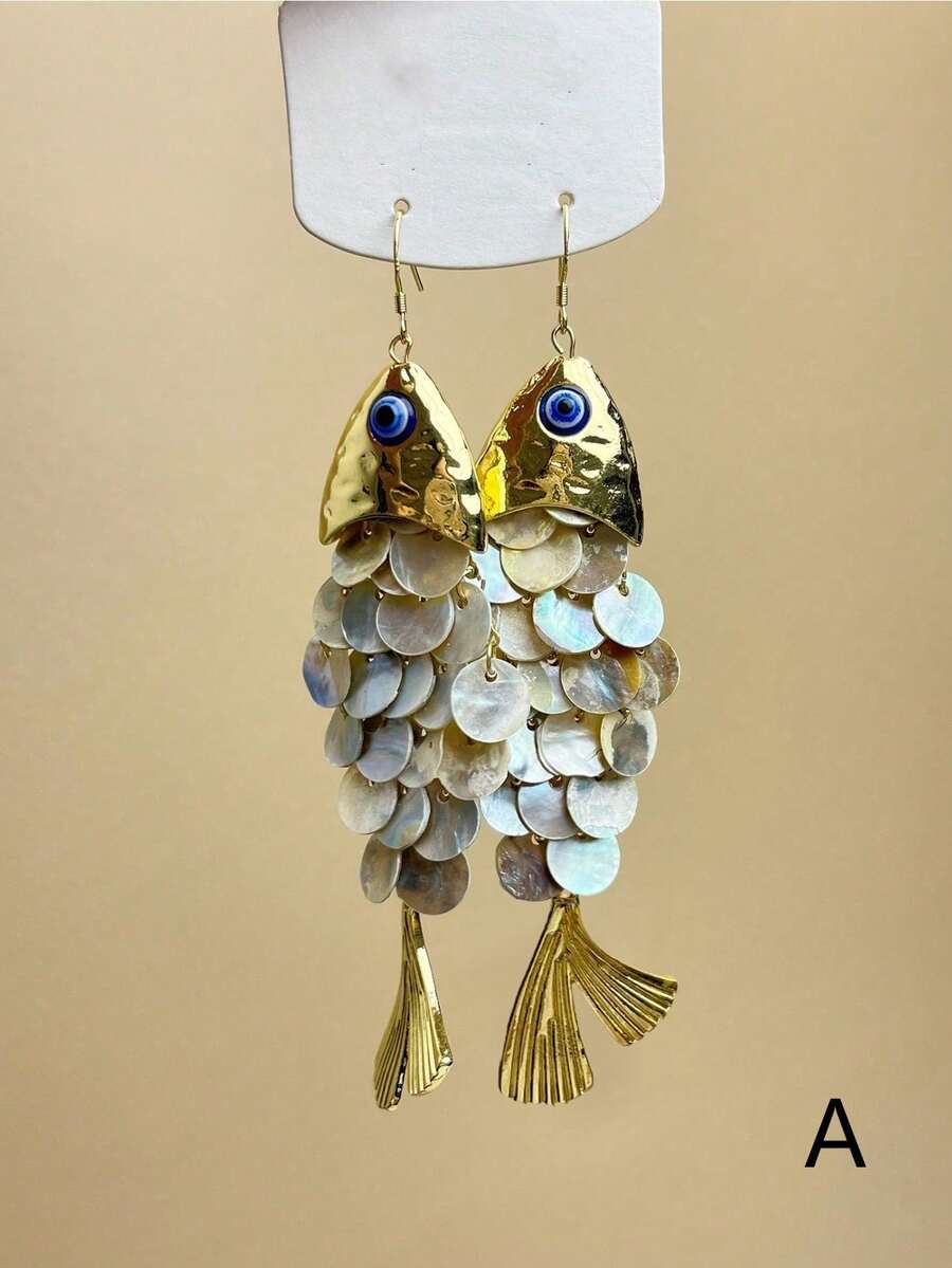 2只3D立体可动鱼形耳环，镀金鱼形吊坠耳环，动态鱼形饰品，独特的双鱼座耳环，海洋爱好者的礼物 - 彩色 - 查看 1