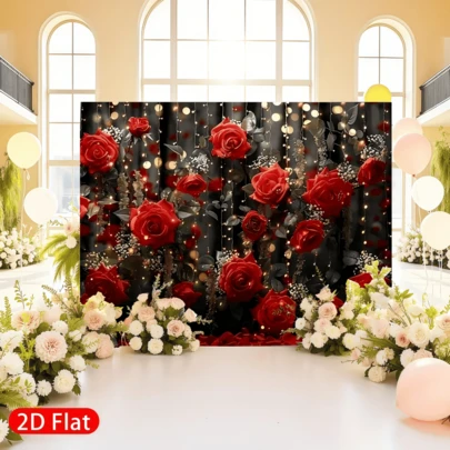 1PC,2D Flat,Romantic Valentine's Day Red Rose Backdrop Banner - Made Of Polyester, Featuring Roses, String Lights, And Candles. Suitable For Weddings, Valentine's Day, Anniversaries, Photo Booth Backdrops, Indoor/Outdoor Decorations, Romantic Party Decorations, And Holiday Party Supplies. Available In Various Sizes.
