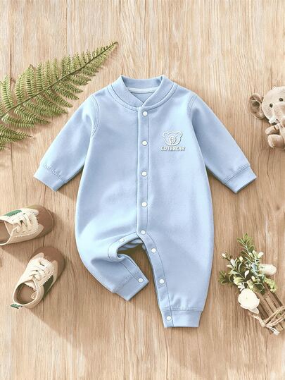 Newborn Baby Blue Jumpsuits, 3D Silicone Bear Pattern, Thick Warm & Comfortable Wool Blend Infant Romper, Suitable For Autumn/Winter