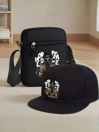 Set de 1 pieza/2 piezas de gorra de béisbol y bolso bandolera con estampado de personaje de hip hop, estilo de moda callejera para deportes al aire libre con visera plana, ajustable, regalo para ti o tus amigos