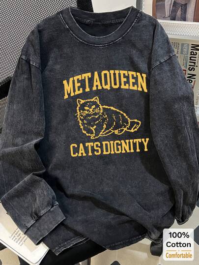 Oversized Vintage Black Cat Print Washed Cotton Long Sleeve T-Shirt, Loose & Slimming Design