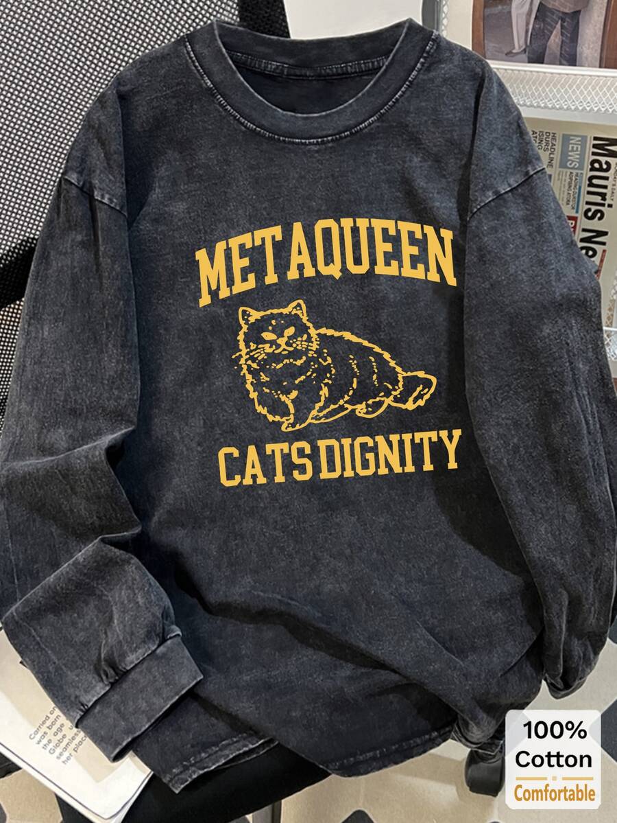 Oversized Vintage Black Cat Print Washed Cotton Long Sleeve T-Shirt, Loose & Slimming Design - Black - View 1