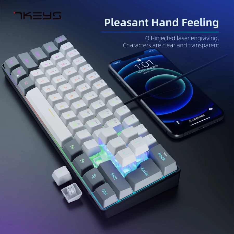 60% 紧凑型有线键盘，61 键，RGB 背光，小型便携式机械键盘，适用于办公室、电脑、平板电脑、笔记本电脑、游戏玩家，白色和灰色