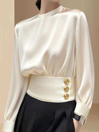 Women's Regular Length Long Sleeve Round Neck Shirt With Fashionable Gold Buttons