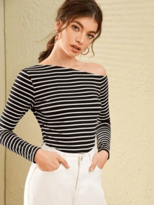 Sweaters For Women Slim-Fit Color-Block Knit High-Elastic Striped Simple Casual Long-Sleeve Women's Sweater - Black - View 5