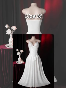 Skin-Friendly, Soft, High-Stretch Deep V-Neck Low-Cut Strapless Sheer Mermaid A-Line Dress, Lace Sexy Lingerie - White - View 6