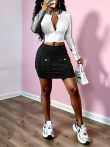 Gonna mini aderente cargo di nuovo stile monocromatico con tasche multiple, vita alta snellente con chiusura lampo, stile streetwear Y2K - nero - Visualizzare 8