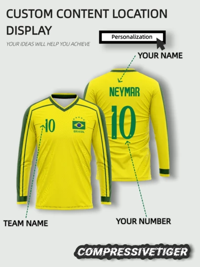 1 Áo bóng đá dài tay World Cup Brazil tùy chỉnh - Áo bóng đá cá nhân hóa dành cho nam và nữ, phù hợp cho thể thao và mặc thường ngày, áo thể thao thoáng khí cho bóng đá, bóng rổ, chạy bộ, trang phục người hâm mộ thể thao, tuyệt vời cho quà tặng Halloween, Lễ Tạ ơn, Giáng sinh và Năm mới, trang phục tập gym mùa xuân.