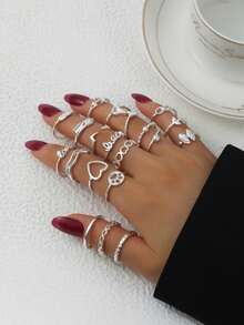 20件/套 女士合金心形箭叶银色日期戒指套装，时尚轻巧，适合女士日常佩戴和特殊场合。 - 彩色 - 查看 5