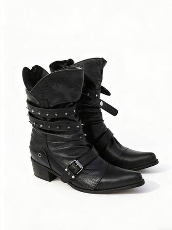 Asymmetrical Designer Western Boots With Chunky Heels, Snake Skin Patchwork Belt Buckle Rivet Low Heel Ankle Boots, Women's Western Boots