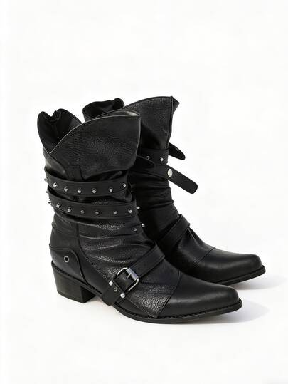 不对称设计师西部靴，粗跟，蛇皮拼接皮带扣铆钉低跟踝靴，女士西部靴