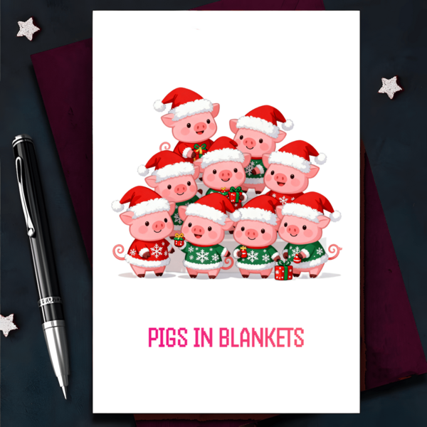1 pezzo Biglietti di Natale divertenti per donne e uomini, amici, vicini, famiglia, adatti per Natale, Capodanno e occasioni speciali, di alta qualità, biglietti di Natale umoristici. Piccoli maialini rosa avvolti in coperte