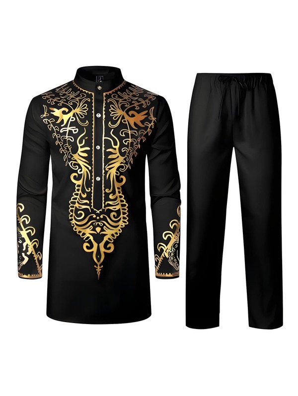 2pcs Men's Set - Foil Print Collar Long Sleeve Shirt And Solid Color Long Pants