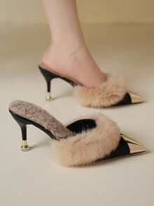女士黑色高跟一脚蹬鞋，时尚金属头毛绒细高跟鞋，尖头穆勒鞋，性感优雅人造毛皮猫跟鞋，适合派对、夜店、婚礼等场合。 - 黑色 - 查看 3