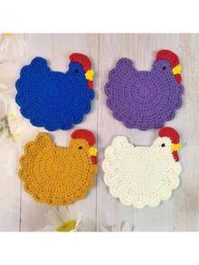 1/4 手工钩针鸡形杯垫，圣诞装饰，适合家庭或办公桌装饰，也适合乔迁派对、圣诞节、复活节庆祝活动、圣诞礼物、情人节、母亲节、教师节、感恩节、生日礼物和伴娘回礼 - 彩色 - 查看 14