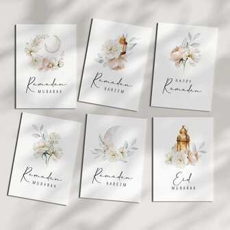 1/6 Cards Islamic Greeting Cards Islamic Gift Cards Set Of 6 Designs Moon Lights Flower Palace Lantern Card 3.9x5.9 Inch With Envelope Cards Festival Cards Set, Modern Festival Decoration DIY