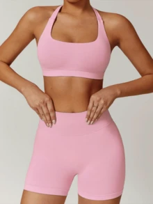 High-Elastic Seamless Women's Sports Yoga Set, Fitness Wear, High-Waisted Tight Shorts And Tank Top, Suitable For Summer Running And Fitness Training. - 粉色 - 查看 3
