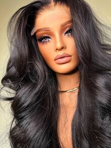 Uveous 13x4 Body Wave Lace Front Wigs Human Hair Pre Plucked 200 Density HD Transparent Lace Frontal Wigs Human Hair For Women Glueless Wigs Human Hair With Baby Hair 24Inch Natural Looking Long Curly Wig For Women, Daily & Party Wear, Highdensity Hairpiece - Natural Black - 查看 2