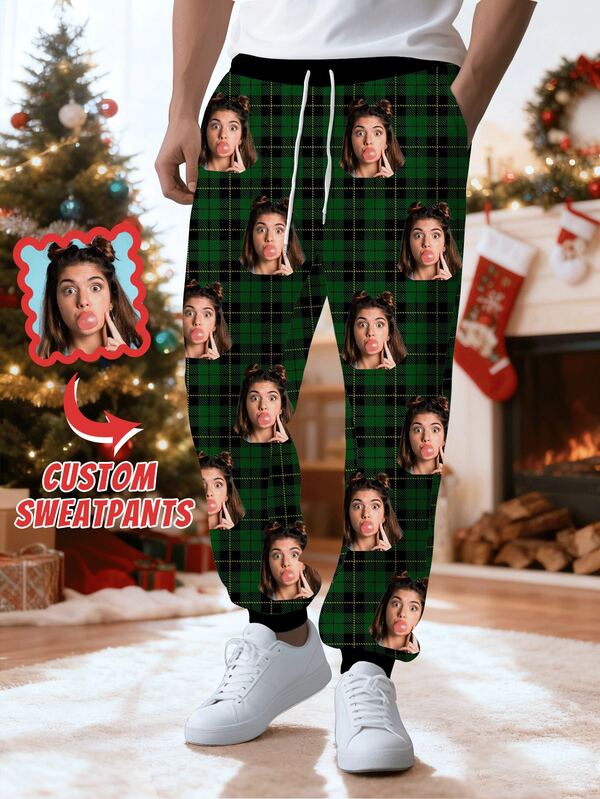 Customized Men's Casual Sports Pants With Personal Face Design, Classic Green Plaid Pattern, Comfortable And Fashionable Loose Fit Joggers, Suitable For Daily Casual Wear, Weekend Outings, Hangouts With Friends, Travel, And As A Perfect Gift Choice For Halloween, Christmas, Autumn/Winter