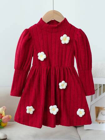 Girls' Fashion Casual Solid Red Fabric With 3D Colorful Flower Decor Dress