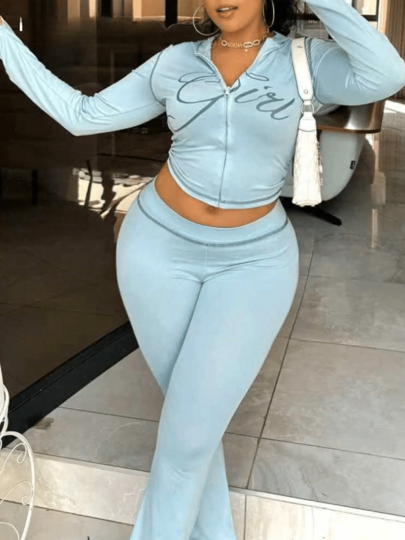 Women's Autumn Long Sleeve Hooded Sweatshirt Set, Zip Design, "Girl" Letter Print, Comfortable Sweatpants, Suitable For Travel And Outdoor, Autumn Casual Outfit - 藍色 - 查看 1