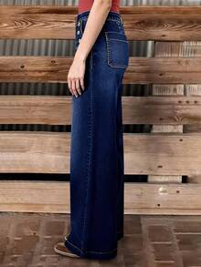 新款女士多扣水洗直筒休闲牛仔裤，高品质牛仔裤 - 深色水洗藍 - 查看 6