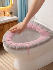 1PC Soft Knit Toilet Seat Covers - Elastic, Warm, And Comfortable Bathroom Accessories In Pink, Gray, Blue, Teal, And Light Blue Stripes, Made Of Ultra-Soft Microfiber For Enhanced Hygiene And Style, Bathroom Comfort Accessories Snug Fit Covers Soft Knit Texture, Restroom Decor And Accessories, Bathroom Comfort Accessories, Tightly Fitting Lid, Soft Knitted Texture, Bathroom Decoration And Accessories