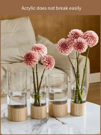 1 pezzo Vaso di stile cinese nuovo con supporto, forma a cilindro dritto, in materiale acrilico antiscivolo, disponibile in trasparente e grigio scuro (colore bruciato) - adatto per fiori freschi, piante e idroponica