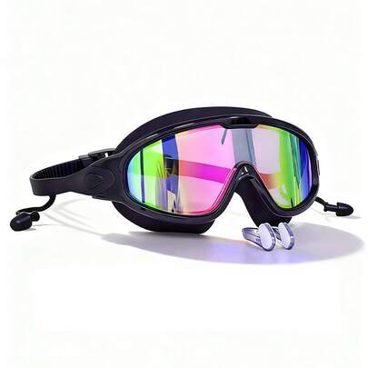 Adult Large Frame Waterproof Anti-Fog Swimming Goggles With Built-In Earplug, Nose Clip, Clear Vision Swimming Eyewear Accessories, Beach Essentials, Beach Accessories, Pool Float