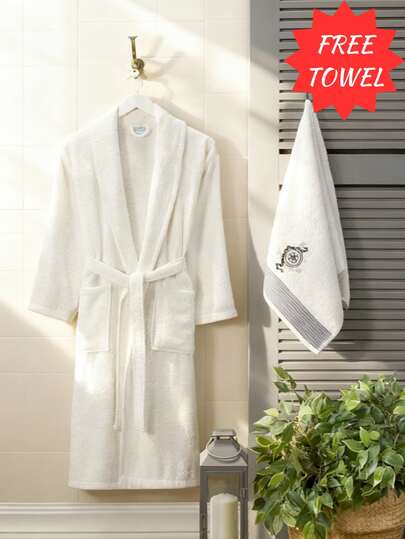 Turkse katoenen geborduurde badjas met haarhanddoek - Sjaalkraagontwerp - Inclusief cadeauhanddoek - Maten S/M (61x116 cm), L/XL (67x119 cm) - 100% katoen - Towel Shine-collectie - Gemaakt in Turkije