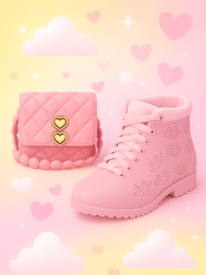 Kit Bota e Bolsa Infantil Menina Feminino Rosa Botinha Infantil e Bolsinha