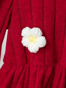 Vestido casual de niña de tela roja sólida con decoración de flores coloridas en 3D - Rojo - Ver 5