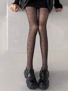 1双装 80克/200克/300克 女士性感黑色圆点透明舒适连裤袜，大码连裤袜，秋冬季商务及性感造型连裤袜，黑色性感透明长款舒适连裤袜，大码连裤袜，加厚绒毛保暖连裤袜，保暖打底裤，适合各种节日穿着，性感修身舒适连裤袜，适合日常休闲穿着（适合-5~25°C） - 黑色 - 查看 2