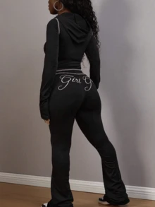 Women's Autumn Long Sleeve Hooded Sweatshirt Set, Zip Design, "Girl" Letter Print, Comfortable Sweatpants, Suitable For Travel And Outdoor, Autumn Casual Outfit - 黑色 - 查看 2