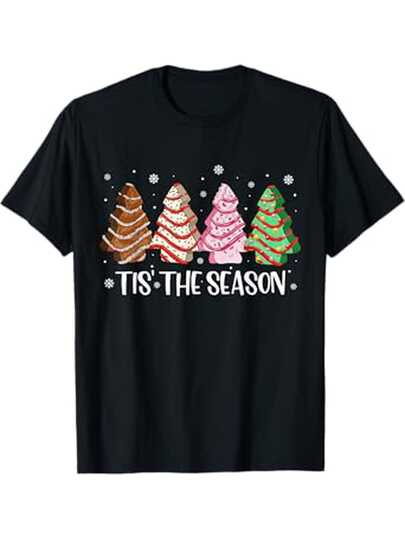 Men's & Men&Women's 100% Cotton Christmas Tree & Cake Print T-Shirt - Comfort Fit Holiday Party Shirt, Casual Short Sleeve Tee With Round Neck, Black (Sizes S-3XL) For Xmas Celebrations & Casual Attire - Unisex Casual Wear Year-Round, PLUS SIZE