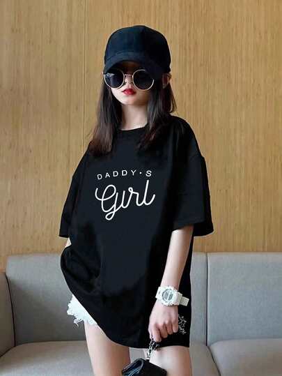 Tween Girls' Casual Letter Printed Round Neck Short Sleeve T-Shirt For Summer