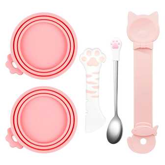 5pcs Pet Food Can Lid Set, Silicone Pet Food Can Covers With Multi-Function Cat Food Scoop And Can Opener, Cat Squeeze Dispenser, Stainless Steel Wet Food Spoon For Cats And Dogs