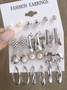 22pcs Fashion Metal Earrings Set, Vintage Style Jewelry, Inlaid With Artificial Pearls, Suitable For Daily Wear Or Various Occasions - Silver - View 6