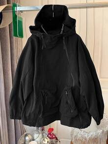 欧式休闲运动拉链口袋连帽风衣女款春秋季外套 - 黑色 - 查看 4