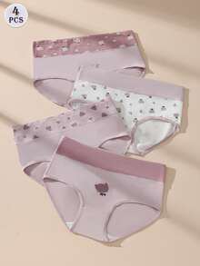 4条装女士高腰印花纯棉三角裤，弹性透气内裤 - 彩色 - 查看 4