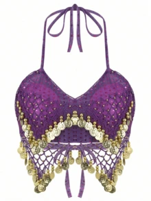 Women's Backless Crop Top With Sequins, Beads, Tassels And Tie, Short Midriff Belly Dance Top, Bohemian Style, Festival Belly Dance Performance Costume, Dance Wear, Belly Dance Outfit, Fairy Accessories, Bodysuit, Mask, Cleopatra, Egyptian Belly Dance Costume - Multicolor - View 20