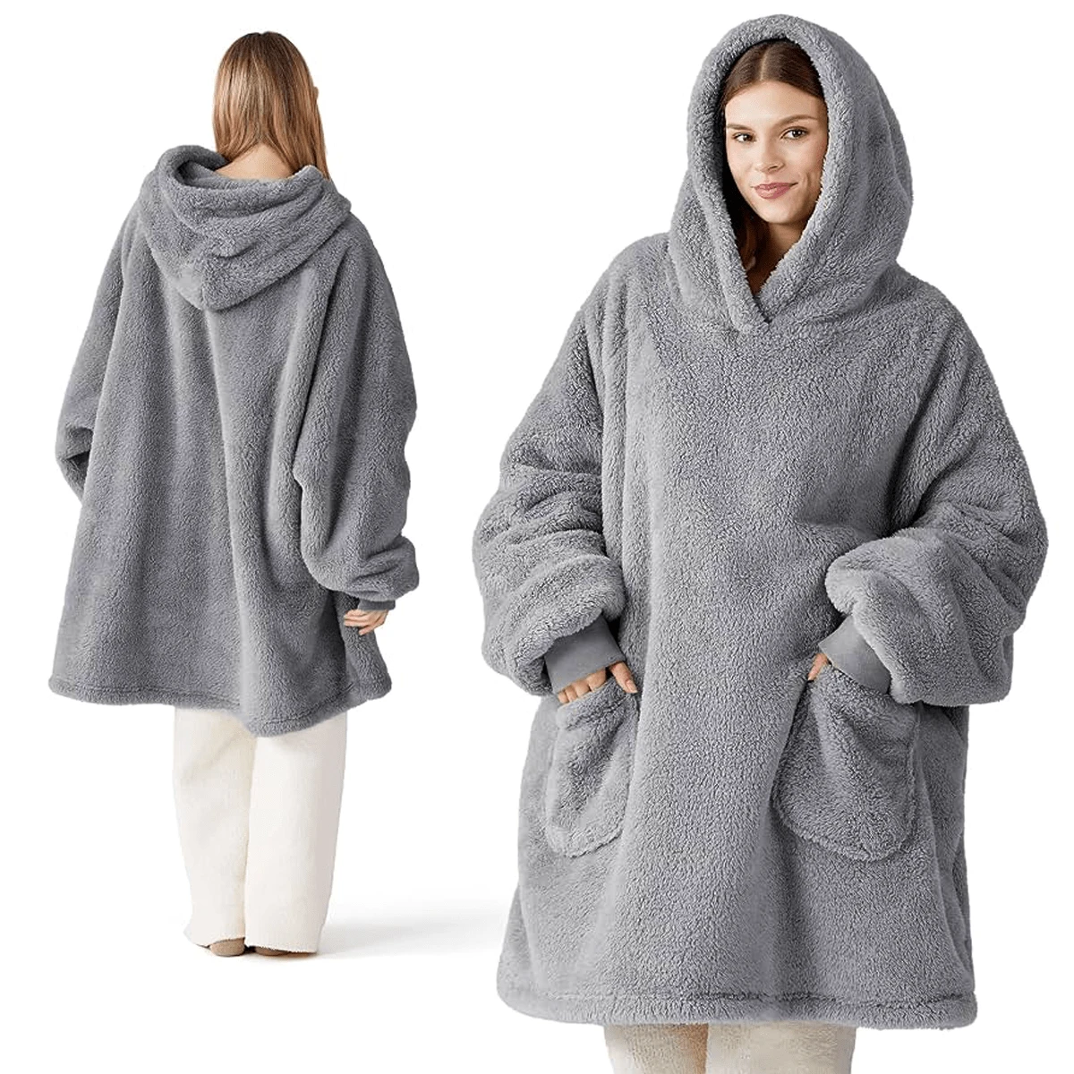 Women's Fleece Winter Blanket Sweatshirt With Hood, Robe Blanket With Sleeves, Soft Plush Fabric Hoodie Blanket With Front Pocket, Light Grey